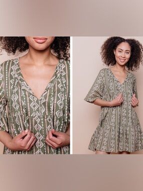 Mata Traders Adelaide Tiered Mini Dress Small NWT Fair Trade Cotton Clover Green